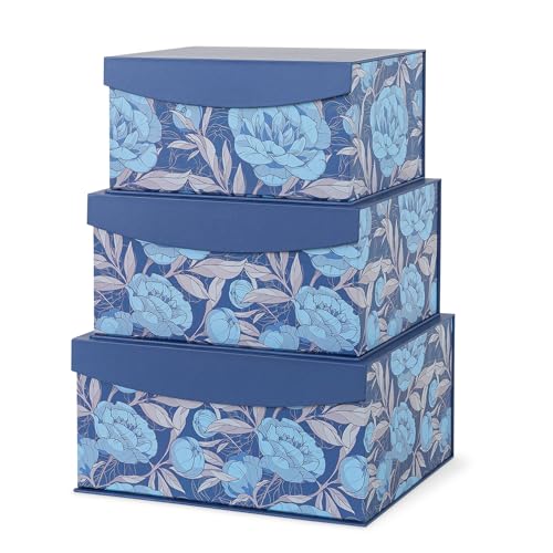 Soul & Lane Decorative Storage Boxes with Magnetic Closure, Set of 3 Memory Keepsake Boxes with Lids, Cardboard Storage for Gifts, Organizing, and Home Décor, Manor Blue
