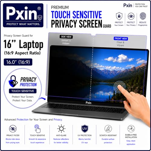 Image of Pxin Aura | 16 inch (16:9) | Touch Sensitive Privacy Screen | Anti Blue | Anti Glare | UltraThin for Hyper Touch | Anti UV | Privacy Filter compatible with HP /Dell /Lenovo /Asus /Acer