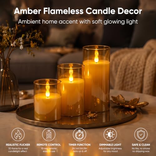 Image of Homemory Amber Flameless Candles, Battery Operated Acrylic LED Pillar Candles with Remote Timer, Realistic Flickering Fake Candles for Home Decor, Thanksgiving, Christmas, Wedding, Set of 3