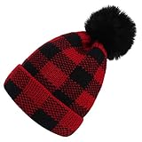 oenbopo Winter Knit Hat, Mother & Kid Matching Plaid Hat Parent-Child Pompom Beanie Hat (1PC)