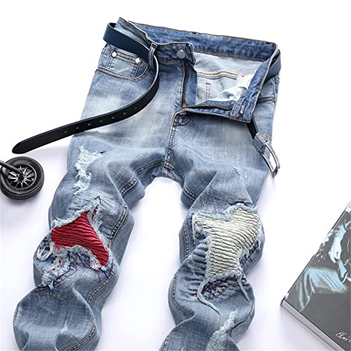 Jeans patch à fourche denim décontracté style patchwork casual coupe droite breaking hole homme