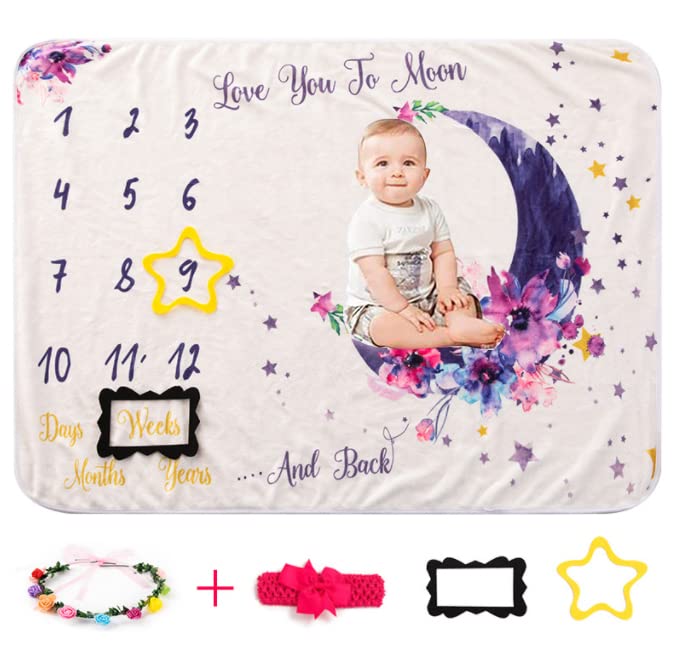 Beauenty Baby Monthly Milestone Blanket Boy/ Girl- Baby Photo Blanket for Newborn Baby Shower, Monthly Blanket for Baby Pictures, Baby Gifts for Newborn , 60x40 (Moon)