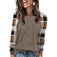 Chocolate Brown Fall Clothes Fall Fashion Must Haves Womens Tops Long Sleeve Shirts for Women Plaid Oversized Sweaters School Outfits Tops for Teachers Winter Clothing Travel Vacation Raglan Paneled