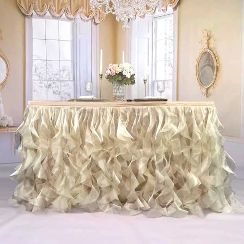 Image of Luxury Organza Mesh Table Skirt Draping Floating Romance - Perfect for Bridal Showers, Birthday Weddings - Clear Flowing Decoration for a Wonderful Main Cake Table (Champagne-9ft, 108 inchLx30 inchH)