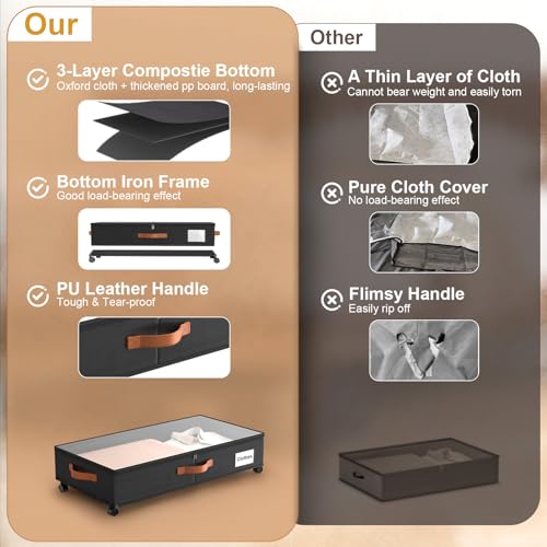 Image of Under Bed Storage Containers with Wheels Large Underbed Shoes Blankets Clothes Toy Storage Drawers for College Dorms Bedrooms Nursery Rooms Organization (Black 2 Pack, 6.6in height(30.3 inchx15.7 inchx6.6 inch))