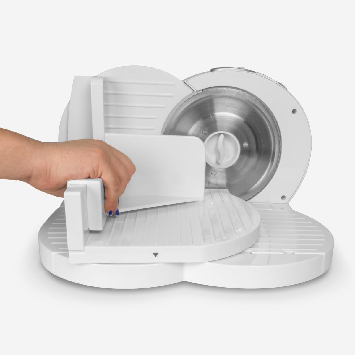 Cortafiambres Eléctrico Blanco – Rebanadora de Cocina Ligera y Duradera con Cuchilla Afilada para Fiambres, Embutidos, Frutas y Verduras – Diseño Elegante y Fácil de Limpiar