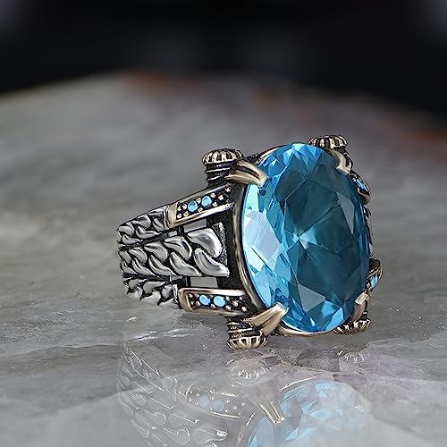 Curb Cuban Link Chain Design 925 Sterling Silver Aquamarine Stone Men's Ring, Handmade Silver Ring for Men, Blue Aquamarine Stone Ring, Man Silver Aquamarine Stone Ring3