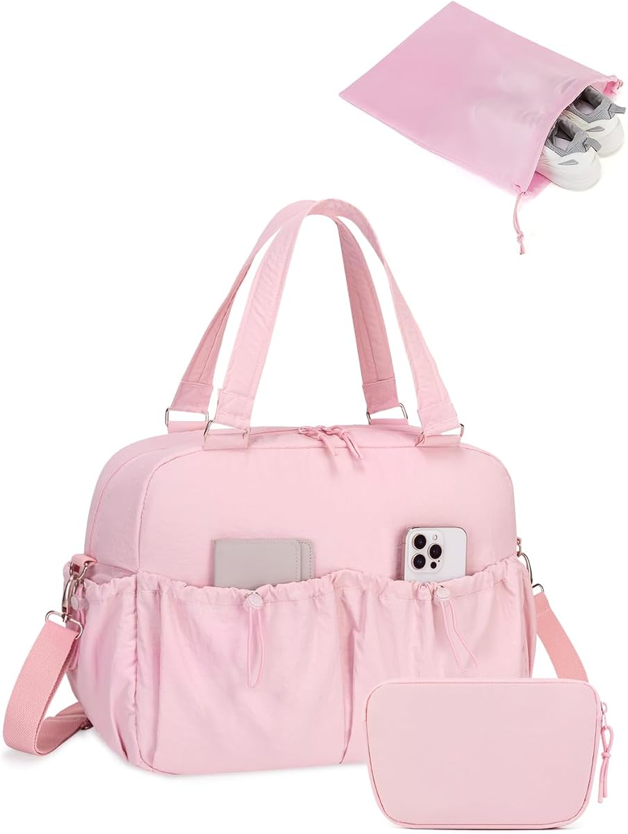 Carry On Duffle Bag with 15.6 Inch Laptop Compartment, Gym Bag for Women with Wet Pocket, Shoe Bag and Toiletry Pouch, Personal Item Travel Duffel Weekender Overnight Bags, Pink