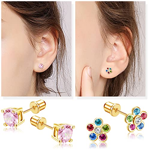 FIBO STEEL 8 Pairs Hypoallergenic Screw back Earrings for Women 316L Stainless Steel CZ Heart Pearl Flower Butterfly Screw Back Stud Earrings Pack4