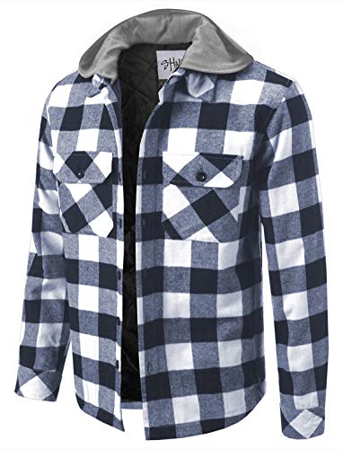 Image of Shaka Wear Men's Plaid Shirts - Flannel Hooded Long Sleeve Casual Button Up Fleece Soft Quilted Lined Hoodie Jacket FFJ0103 Wht /Navy 5X