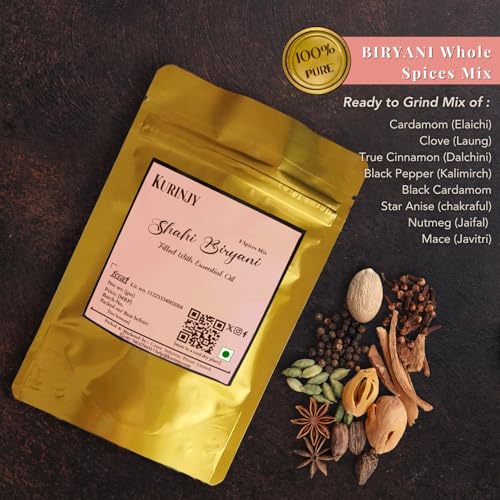Image of Kurinjy Biryani Masala- Whole Spices Mix | Cardamom Cinnamon Clove Peppercorn Kali Elaichi Jaifal Mace Star Anise | Pure Natural Essential Oil filled Kerala Spices | for Flavourful food, 55g x 1pack
