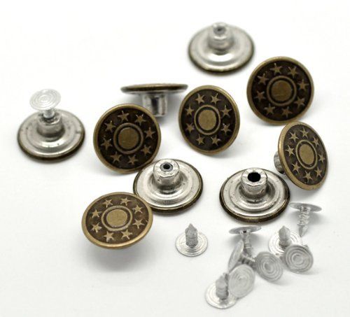 10 Jeansknöpfe Aus Metall – Bronzefarben Mit Stern-Muster, Ca. 17 Mm, Inkl. Stifte