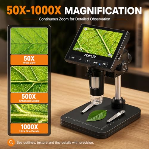 Image of Elikliv Coin Microscope, 4.3'' LCD Digital Microscope 1000x, Coin Magnifier with 8 Adjustable LED Lights, PC View Compatible with Windows /Mac, EDM4B, Black