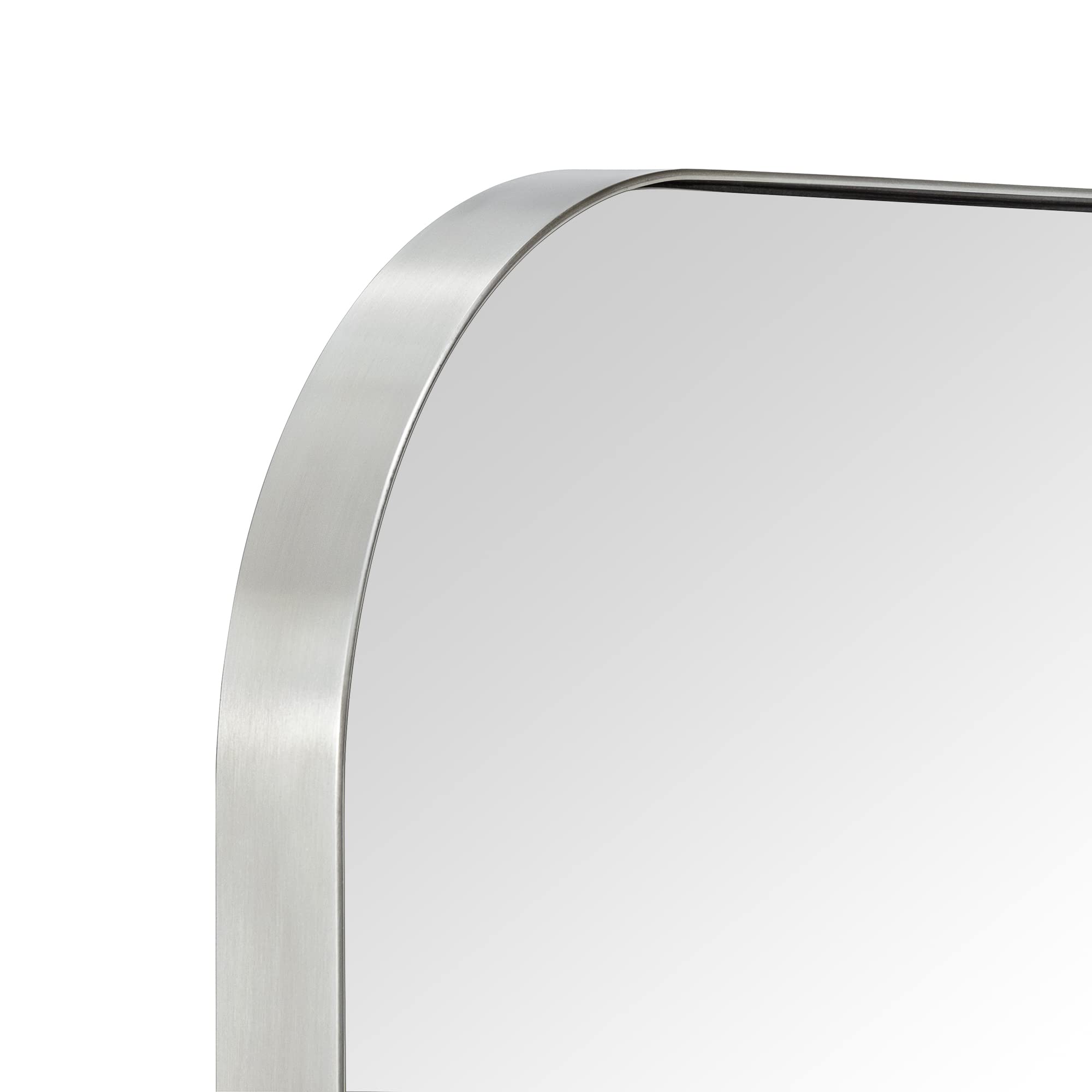 VANA NALA 24x36'' Brushed Nickel Rounded Rectangle Bathroom Vanity Wall Mirror Silver Stainless Steel Metal FramedRectangular Bathroom Mirror, Vertical and Horizontal Hanging