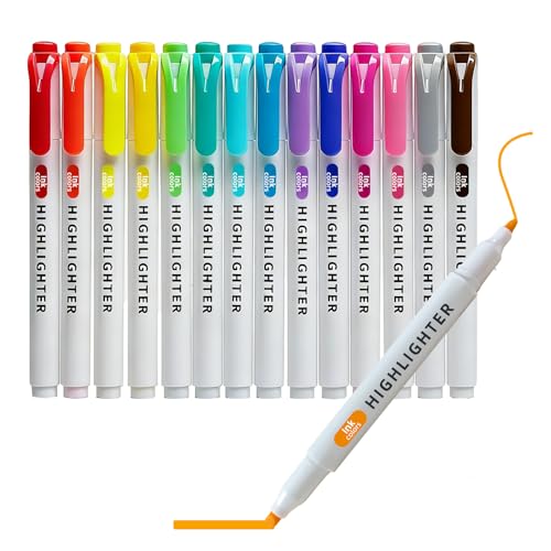 AETPI 15PCS Dual Tip Highlighter Pens Set Pastel 15 Assorted Colours Water-Based Quick Dry Broad Chisel and Fine Tip Markers Non Toxic Ink No Bleed for Highlighting Underlining Colouring Journaling