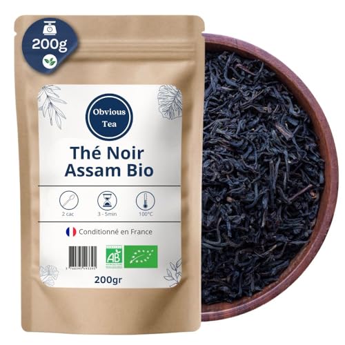 Thé Noir Assam GBOP Bio en Vrac - Thé Vegan d’Inde, 100% Naturel, Sans OGM - Agriculture Biologique - Fabrication Française - Sachet 200 gr (100 Tasses)