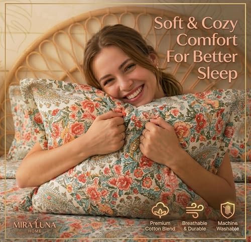 Image of HOMEKART Floral Printed King Size Cotton Bedsheet with 2 Pillow Covers | Luxury Double Bed Bedding Set 86x88 Inches | Ultra Soft, Breathable & Wrinkle Resistant & Home Decor (Boho Blossom Cream)