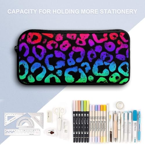17 Inch Backpack with Lunch Bag and Pencil Case Set Animal Neon Rainbow Colorful Cheetah Leopard Print Black Casual Daypack Insulated Lunch Box Stationery Organizer Pouch4