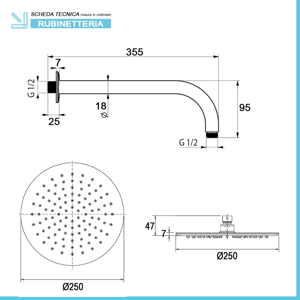 Set doccia completo nero opaco in acciaio inox, braccio 33 cm e soffione 25 cm, kit doccia con presa acqua, doccino e flessibile 150 cm