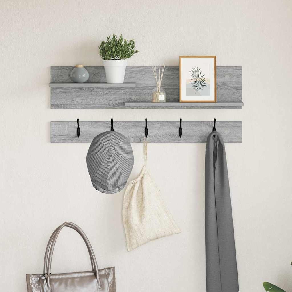 Porte-manteau mural Sonoma gris en bois 90 cm avec 2 étagères