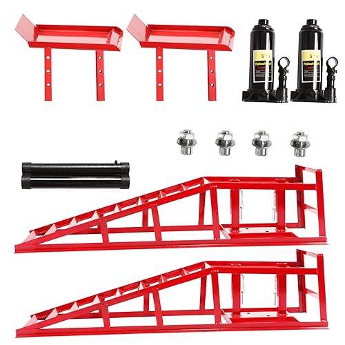 Car Ramps 2 Pack Heavy Duty Steel Hydraulic High Lift Service Vehicle Ramps 5T 110231 lbs Automotive Truck Wheel Ramps for Oil Changes with Support Jack for Auto Beauty Stores DIY Repair Stores