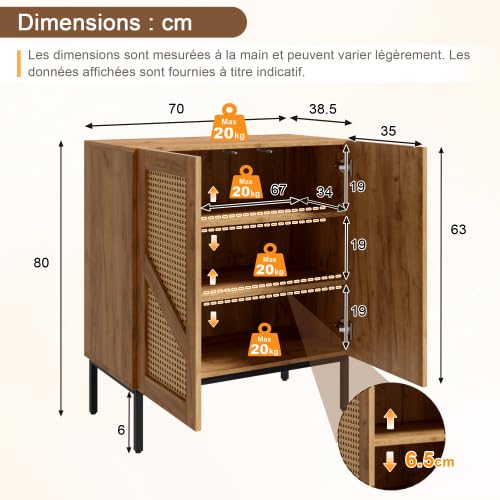 Credenza 70 cm Legno e Rattan PE, 2 porte, Ripiani regolabili