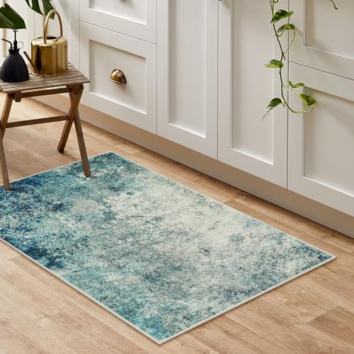 Lahome Modern Abstract Area Rug - Small 2x3 Washable Entryway Rugs Non-Slip Low Pile, Accent Throw Carpet for Kitchen Bath Mats Laundry Front Indoor Doormat,Blue/Grey