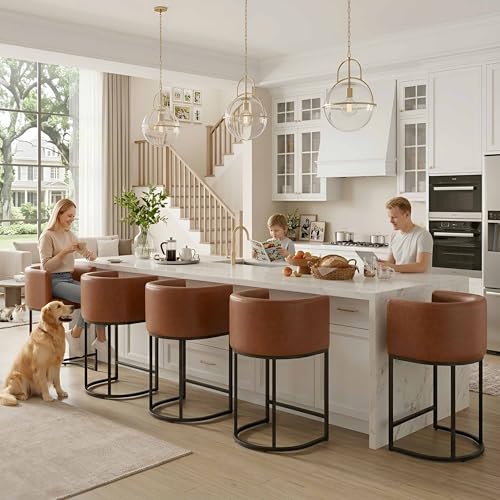 Image of HNY Modern Barrel Counter Height Bar Stools Set of 3, 24 Inch Kitchen Bar Stools with Back, PU Leather Barstools Bar Height for Island with Black Metal Tubular Frame, Brown