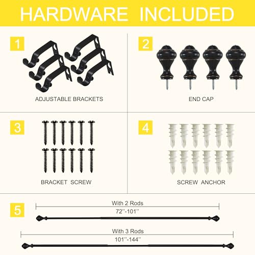 NICETOWN Adjustable Curtain Rods 2-Pack 72-144 Inch, Matte Black Copper Rods with Decorative Finials for Windows, Heavy Duty Window Drapery Poles for Indoor Outdoor Patio Bedroom