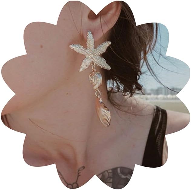 Xerling Boho Starfish Cowrie Seashell Dangle Drop Earrings Asymmetrical Beach Earring Hanging Shell Stud Earrings