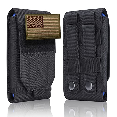 Image of Black Tactical Molle Cellphone Pouch Case,Heavy Duty Waterproof Phone Holster Bag for iPhone 11 12 13 Pro Max for Samsung S22 S21 S20 FE Note 20 A02S Less 6.7 inch Phone with 2 Pack US Flag Patch