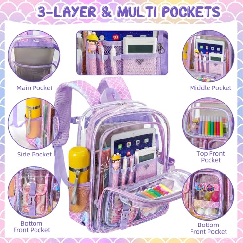 Image of Mermaid Clear Backpack for Girls, 17 Inch Heavy Duty Transparent School Bookbag for Kids with Pencil Case & Cute Accessories