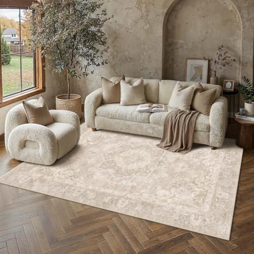 PureCozy Beige 5x7 Area Rug for Living Room Washable Vintage Carpet by PureCozy - Used condition - CA$51.21
