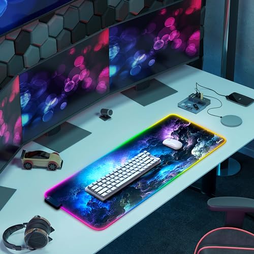 Image of Gerlos RGB Gaming Mouse Pad, Large LED Desk Mat, 31.5 x 11.8 Inch | 12 light modes, non-slip base, water-resistant surface, stitched edges