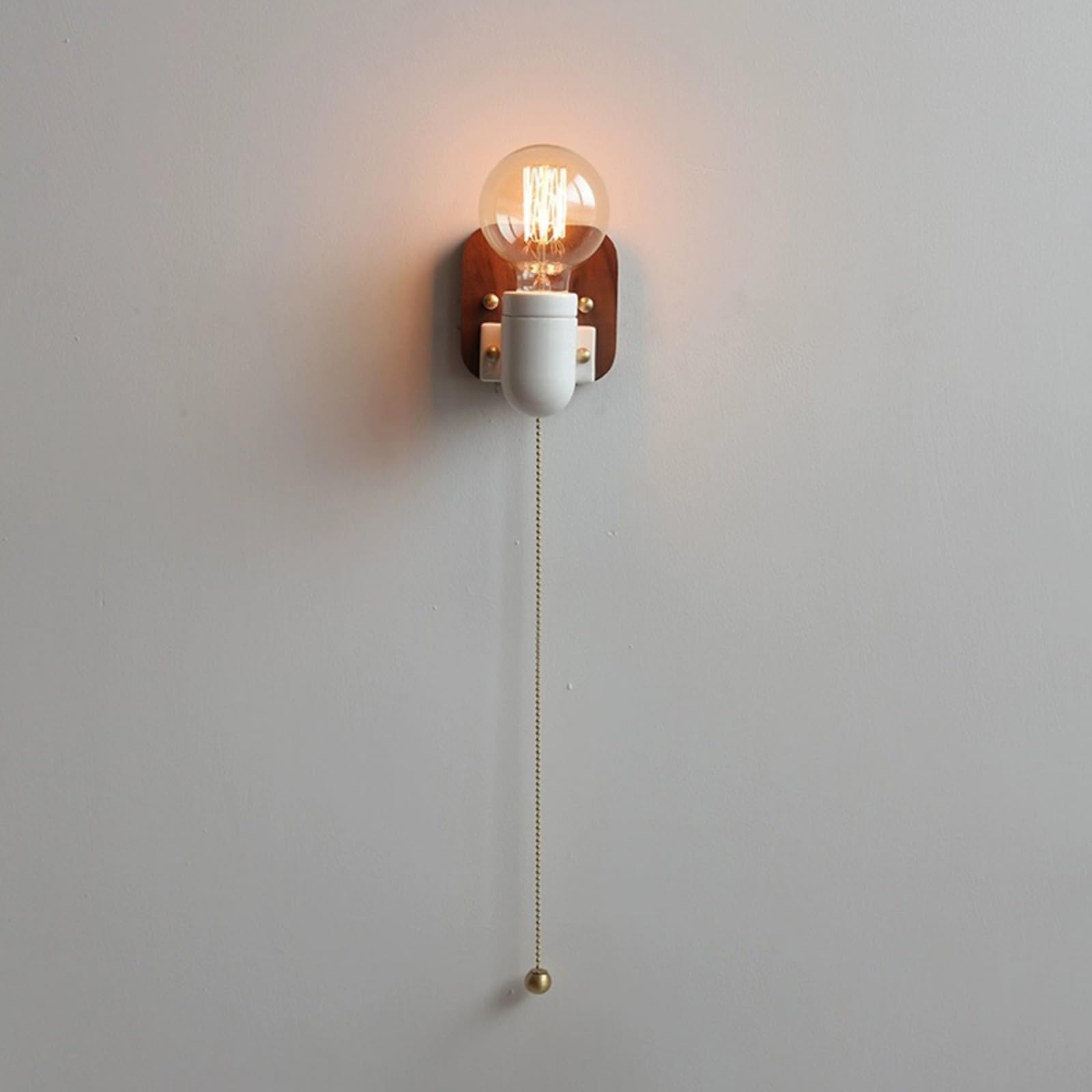 HYJAUSXB Wooden Small Wall Light Walnut Finish Retro Decor Sconces Lighting | Bedside Lamp with Pull Switch, E27 Ceramic Socket Mount Lights for Bedroom Hallway Foyer Study (White)