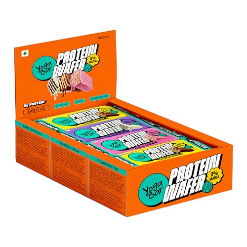 Image of Yogabar 10g Protein Wafer Bars Variety Pack | Strawberry Pop, Dark Chocolate & Cookies & Cream | Crunchy High Protein Bars | 0% Maida | Made with Goodness of Millets and Multigrain | 40g Each | Pack of 10