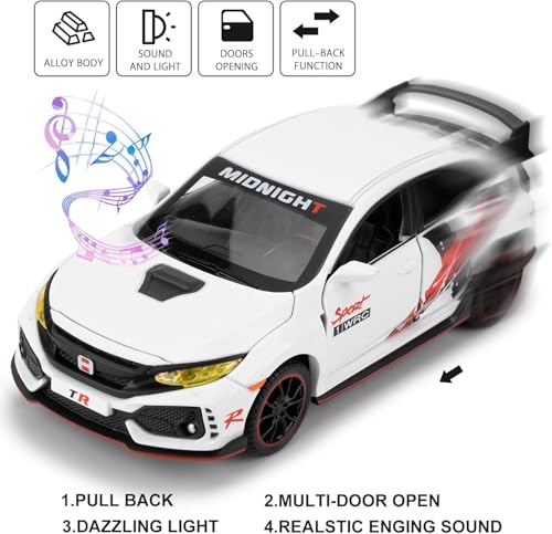 Image of 1:32 Civic Type R Toy Car Metal Diecast Pull Back with Sound Light & Openable Doors Kids Gifts Collectible Car Model Durable Toy for Boys & Girls (White)