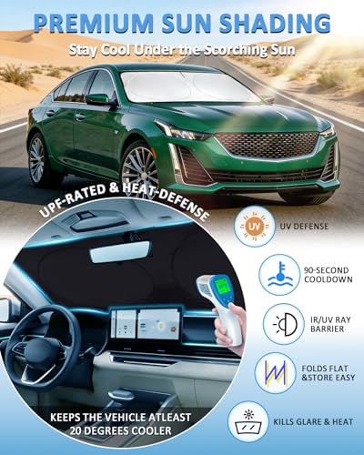 Image of Windshield Sun Shade for Cadillac CT5 2020-2024 2025 2026, Custom-Fit CT5 Sun Visor Protector, 99% UV Block Heat Sun Shield, Silver Reflective Front Window Sunshade