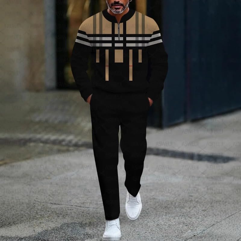 Men's street retro polo shirt jogging pants two-piece set, semi-circular collar zipper printed casual set2