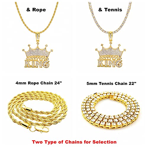HH BLING EMPIRE 14k Gold Silver Plated Hip Ho Rapper Pendant Chain Necklace for Men, Iced Out Diamond King Pendant with Rope Tennis Chains 22 Inch2