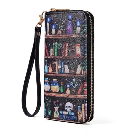 Fanwill Book Themed Long Wallet for Women Vintage Gothic Witchy Skull Wallet Classic Book Cover Design Zip Around Wristlet Bookish Novel Wallet Large Capacity Horror Goth Emo Purse Gifts for Women