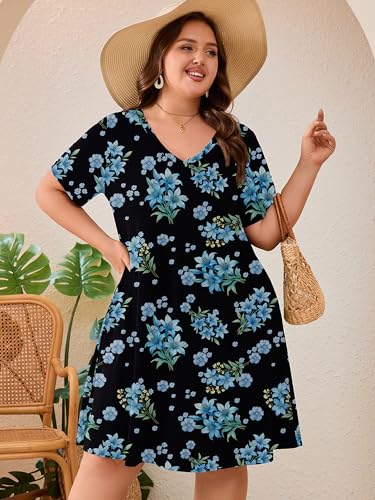 Image of AusLook Plus Size Midi Dress for Women Loose V Neck Short Sleeve Summer Casual A Line T Shirt Sundresses with Pockets 1X-5X
