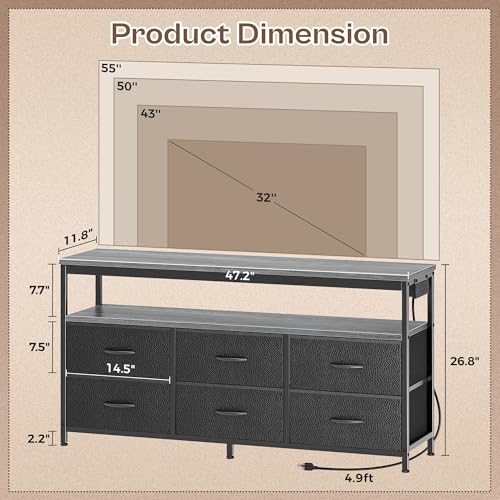 Huuger LED TV Stand for Bedroom, 47 Inch Dresser TV Stand for 43, 50, 55 Inch TV, Grey Black TV Stand with Storage, Entertainment Center with Power Outlets, 6 Drawer Fabric Dresser for Living Room