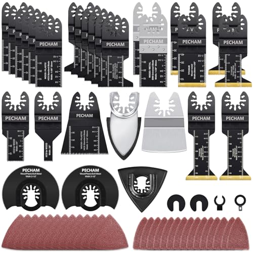 Image of PECHAM 128PCS Oscillating Tool Blade, Wood Metal Cutting and Sandpaper Oscillating Tool Accessories with Titanium Quick Tooth Japanese Tooth Multitool Blade Fit More Oscillating Tools
