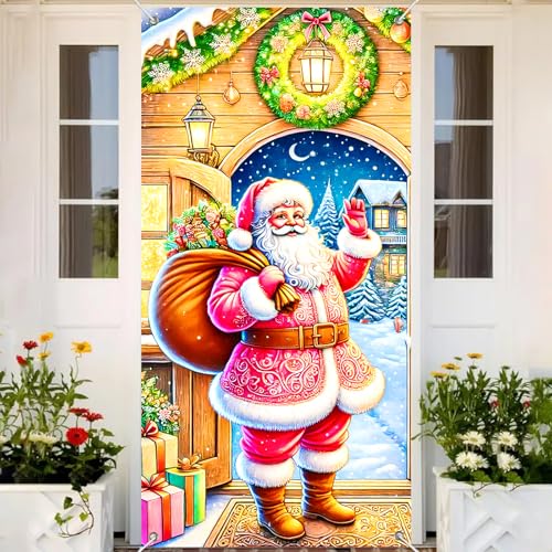 Image of BlissYard Christmas Door Cover Winter Festive Doors Cover 71x35 Inch Santa Claus Entrance Design Cheerful Holiday Home Decor Welcoming Front Door Banner For Seasonal Greetings