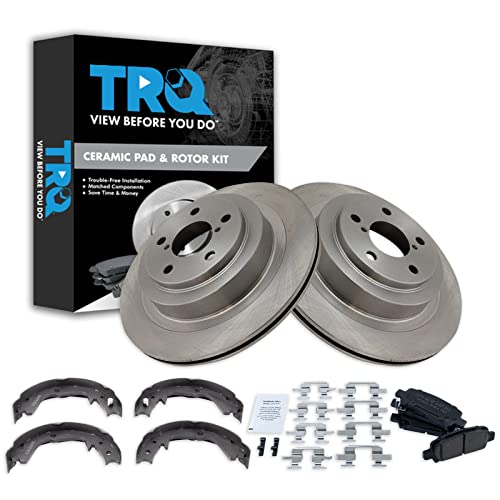 Image of TRQ Rear Brake Pad and Rotor Set Ceramic Parking Brake Shoe Compatible with 2005-2009 Subaru Legacy