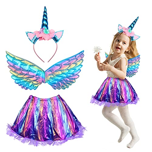 MEZOOM 3 Piezas Disfraz de Unicornio Vestido de Unicornio Falda para niñas Tutu Fiesta de Baile Falda de Ballet para Fiestas de cumpleaños (Azul)