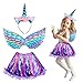 MEZOOM 3Pcs Kit de Déguisements Licorne Fille Robe Licorne Princesse et Bandeau de Licorne Enfant et Aile Licorne Fille pour Cosplay Anniversaire