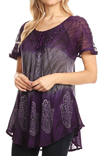 Sakkas Lily Casual Everyday Summer Short Sleeve Top Blouse with Block Print & Lace4