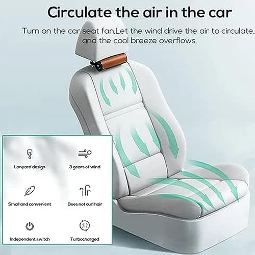 Portable Car Seat Fan With Adjustable Strap - USB Powered Bladeless 3 Speed Cooling Air for Front Rear Passenger, SUV RV Vehicles (Brown)